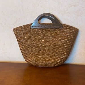 Beautiful Straw Woven Brown Handbag with Faux Wood Handles